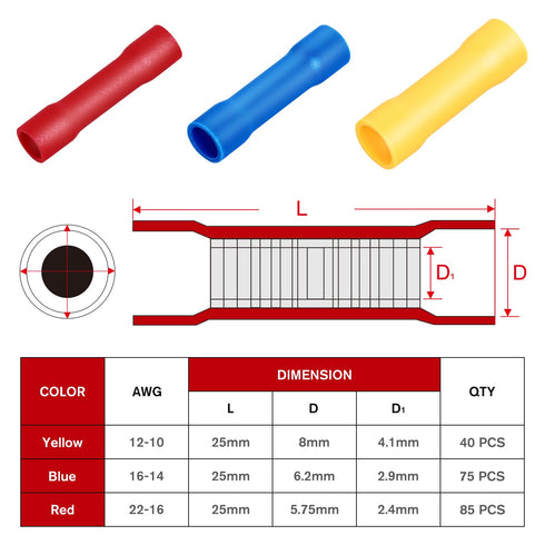 Nilight 200PCS Electrical Butt Connectors AWG 22-10 Insulated Electrical Wire Crimp Connectors Butt Splice Crimp Connectors Blue Red Yellow for Au...