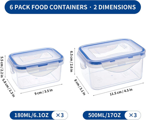 KIGI [6 Pack 6.1OZ/17OZ Mixed Size Airtight Plastic Food Storage Containers Set, Rectangular Small Storage Boxes, Microwave, Freezer and Dishwashe...