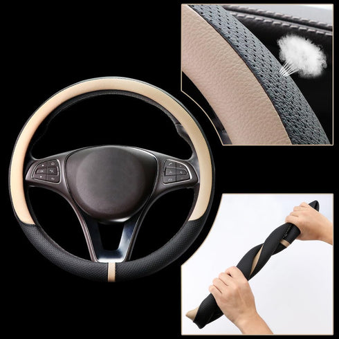 COFIT Breathable Car Steering Wheel Cover 15 inch Auto Universal Leather Wrap Non-Slip Steeringwheel Protector Automotive Interior Accessories, Be...
