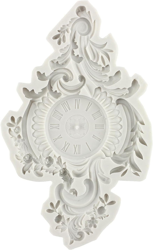 Baroque Style Clock Silicone Mold Curlicues Scroll Lace Fondant Molds Clock Chocolate Candy Mold Filigree Mold 3D Sculpted For Sugar Cake Decorati...