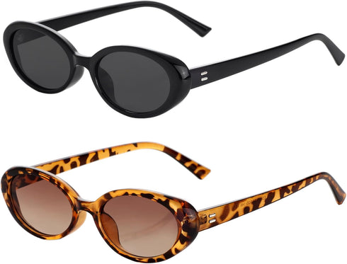 Vintage Small Oval Sunglasses for Women Men 90s Sunglasses Narrow Eyeglasses UV400 Protection 2 Pack...