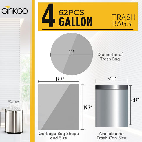 62 Counts Small Trash Bag Drawstring 4 Gallon Mini Garbage Bags for Bathroom, Kitchen, Bedroom and Office...
