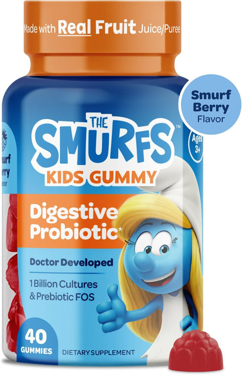 The Smurfs Kids Probiotic Gummies with 1 Billion CFU Probiotics & Prebiotics Chewable Probiotic Kids for Digestive Support, Healthy Gut & Immune H...