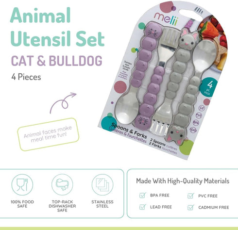 melii Toddler and Kid Feeding Spoon & Fork Set, Stainless Steel, BPA Free, Dishwasher safe (Cat & Bulldog 4pc)...