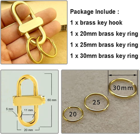 Brass Key Chain with 3 Rings - Keychain Hook by Pressing Side Button Slide Up and Down to Lock Buckle for Keys...