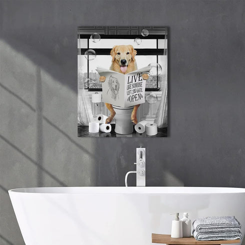 Golden Retriever Canvas Wall Art Black and White Funny Pictures Farmhouse Bathroom Wall Decor Dog Sitting in Toilet Painting for Toilet Bathroom D...