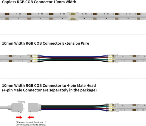 PAUTIX 10mm Connectors for COB RGB LED Strip Lights 4 Pin,4pcs Transparent Gapless Connectors,3pcs Dual Ends Extension Connectors and 2pc Strip to...