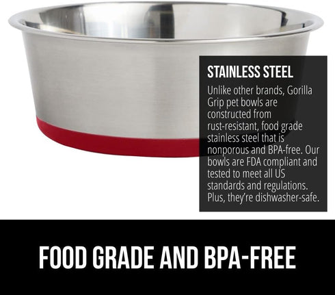 Gorilla Grip Stainless Steel Metal Dog Bowl Set of 2, Rubber Base, Heavy Duty Feeding Dishes, Food Grade BPA Free, Less Sliding, Quiet Pet Bowls f...