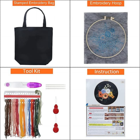 Black Canvas Tote Bag Embroidery Kit,Flowers Art Pattern,Cross Stitch Kits, Including Stamped Embroidery Bag with Hoops,Needle, Instruction Manual...