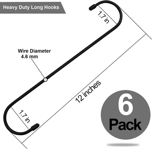 6 Pack 12 inch Extra Large S Hooks Black Heavy Duty Long S Hooks for Hanging Plant Extension Hooks for Kitchenware,Utensils,Pergola,Closet,Flower ...