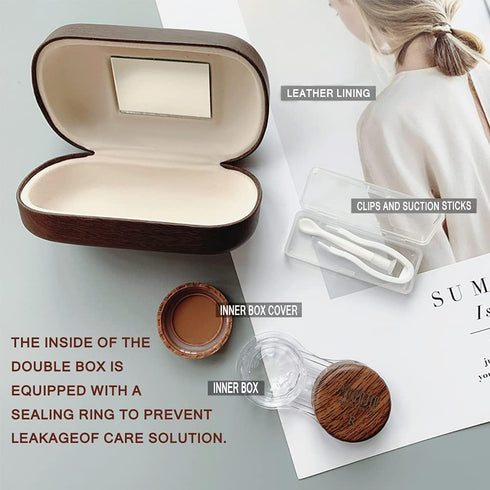 CARUNCOO Wood Grain Contact Lens Case Compact Eye Contact Case for Travelling Portable Contact Box with Mirror Rectangle?Cute Colorful Especially ...