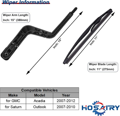 15276248 Rear Windshield Wiper Arm Blade Set for GMC Acadia 2007-2012, Saturn Outlook 2007-2010 Rear Windshield Wiper Arm Blade Assembly...