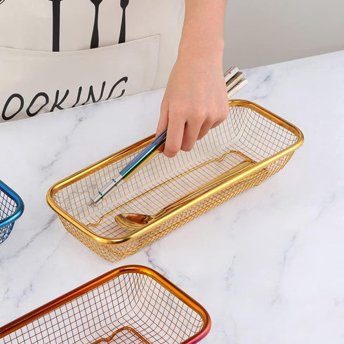 Kitchen Drawer Organizer, BuyGo Stainless Steel Storage Container Gold Metal Cabinet Storage Basket for Holding Silverware Kitchen Utensil, Pack o...