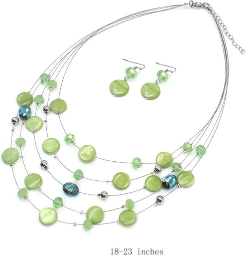 Multi Layered Shell Illusion Necklace Earring Set Colorful Chunky Beads Necklace for Women Gifts...