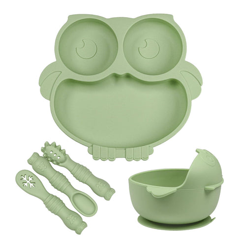 Owl Shape Silicone Baby Feeding Set, Toddler Suction Plates and Bowls Set with Spoons, Kids Silicone Dinnerware Set Eating Utensils, Green...