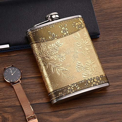 Golden pattern 8 Oz Gift 100% Stainless Steel(304/18-8 SS).Bonus 2 Shot Glass+1Funnel+1Giftbox.Flask Leak Proof Tested.Flask for Liquor/Alcohol.Fl...