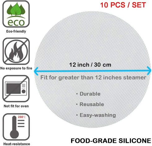 LadayPoa 10Pcs 12 inch Reusable Round Silicone Steamer Liners Non-stick Silicone Steamer Mesh Mat Pad Dim Sum Mesh for Home Kitchen or Restaurant...