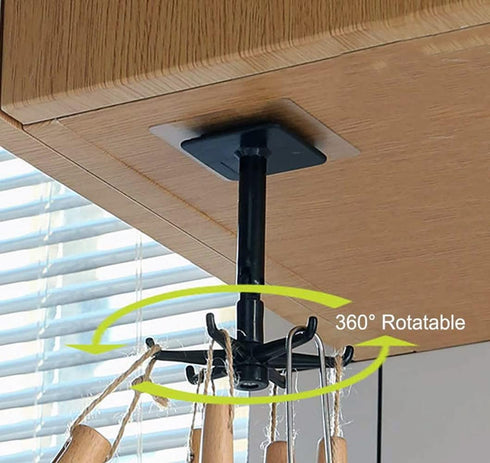 Kitchen Utensil Hanger with 6 Hooks, Under Cabinet Utensil Holder Hanger Hook for Kitchen and Bathroom, 360° Rotatable Space Saving No Drilling Na...