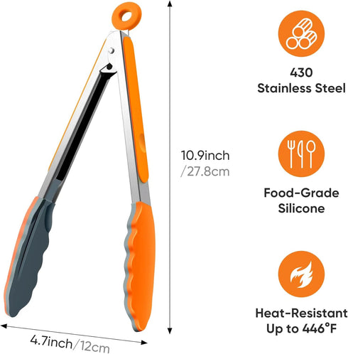 9 Inch Orange Kitchen Tongs, Cooking Tongs with Silicone Tips and Stainless Steel Handle, Non Stick Heat Resistant Tongs for Cooking, Buffet, Sala...