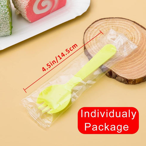 4.3" Mini Disposable Sporks 100ct, Plastic Spork 2-in-1 Utensils, 4 Colors, 25ct Individual Package Per Color - Made by Mavere...