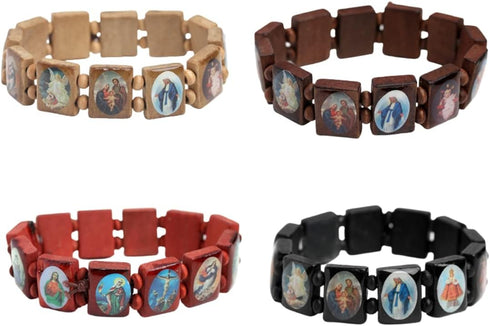 4Pcs Wooden Jesus Virgin Mary Bracelet Saints Rosary Stretch Wooden Small Panel Bracelet Religious Saints Jesus Gift...