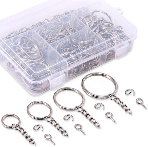 Swpeet 300Pcs Key Chain Rings Kit, 100Pcs Keychain Rings with Chain and 100Pcs Jump Ring with 100Pcs Screw Eye Pins Bulk for Jewelry Findings Maki...