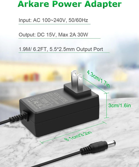 15V 2A DC Power Supply Adapter 30W AC/DC Charger AC 100V-240V to DC 15 Volt 2000mA 1500mA 1000mA Replacement Power Cord with 8TIPS for Monitor Wir...