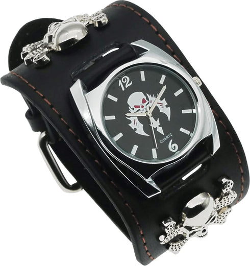 Good Leather Punk Skull Quartz Men's Wrist Watch,Big Dial Skull Women's Watch,Skull+Chains+Rivets Elements,Fashion Gift Watch Cool, Black...