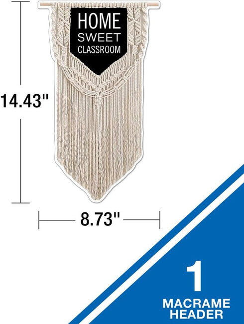 Schoolgirl Style Simply Boho Bulletin Board Set—Home Sweet Classroom Macrame Header, Leaf Border Trims, Hanging Planters, Assorted Leaves, Hexagon...