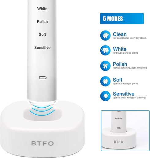 Electric Toothbrush with 5 Modes, 2pcs Replacement Brush Heads USB Rechargeable Smart Electronic Toothbrush with Holder for Adults IPX7 Waterproof...