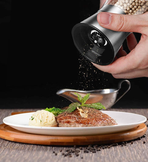 2 Packs Salt and Pepper Mills Brushed Stainless Steel Salt and Pepper Grinder Set(Pack of 2) with Adjustable Ceramic Coarseness Grinder and Glass ...