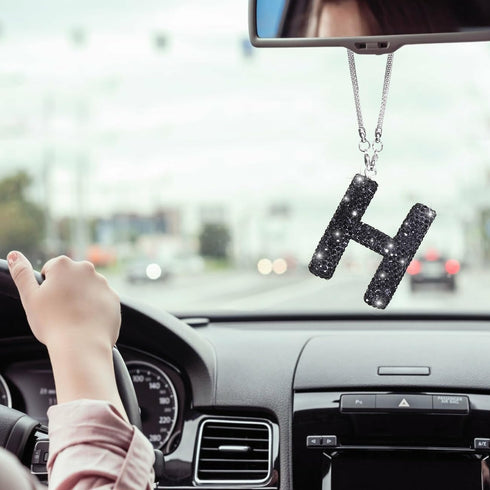 ToBeQueen Black Bling Letter H Charm, Diamond Crystal Rhinestone Bling Rear View Mirror Charm, Cute Lucky Hanging Ornament Black Bling Car Accesso...