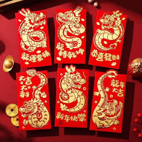 24PCS Chinese New Year Money Envelopes, Lucky Red Envelopes with Gold Foil, 2024 Dragon Year Red Pocket for Kids Adults, Chinese Spring Festival R...