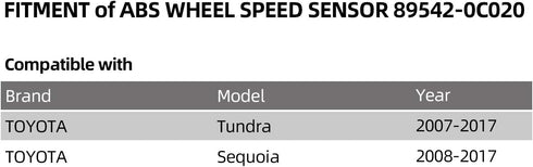 ABS Wheel Speed Sensor Front Right or Rear Right 89542-0C020 895420C020 SU10122 ALS1790 compatible with Toyota Tundra 2007-2017 Sequoia 2008-2017 ...