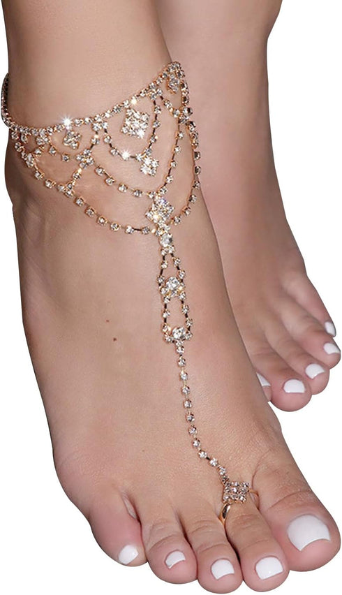 1Pair Summer Beach Water Drop Anklet Rhinestone Toe Ring Foot Chain Bridal Crystal Barefoot Anklet Sandal High Heels Accessories for Women...