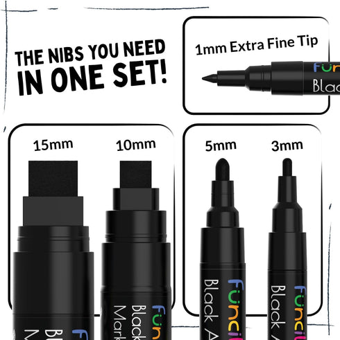 5 Acrylic Black Paint Pen - Fine Tip, Thin Point & Jumbo Pens (1mm, 3mm, 6mm, 10mm, 15mm) - Black Paint Marker for Plastic, Canvas, Wood, Rock Pai...