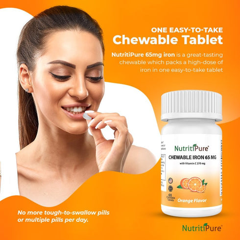 Chewable Iron 65 mg with Vitamin C 270 mg (for Women/Men) |60 Days Supply | No Sugar- Zesty Orange Flavor Supplement 60 Count...