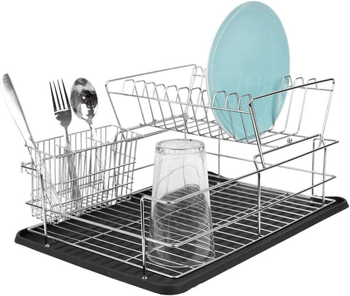 Home Basics Black Kitchen Sink Countertop 2 Tier Dish Rack and Draining Board Cutlery Holder, Fits Large Plates, Dry & Drip Tray, Full Mesh...