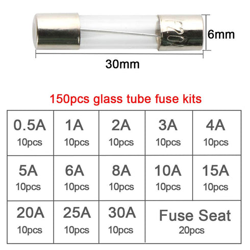 FULARR 150Pcs Professional Car Fast-Blow Glass Tube Fuse Kit: 130Pcs Quick Blow + 20 Fuse Seats, Transparent Plastic Box...