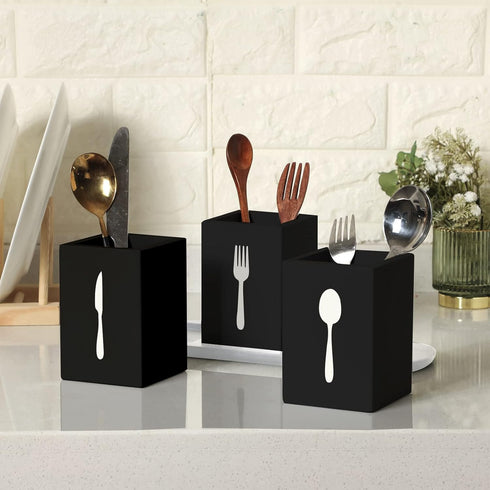 Kathfly 4 Pcs Silverware Caddy Utensil Holder for Countertop Silverware Organizer with Wood Tray Spoon Fork Holder for Kitchen Parties(Black)...