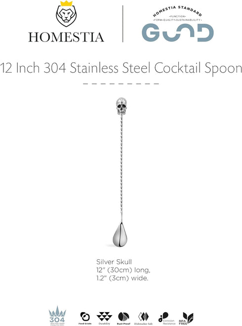 Homestia Bar Spoon Cocktail Mixing Spoon, 12-Inches Long Handle Stainless Steel Cocktail Stirrers, Spiral Design with Skull End Cocktail Spoon for...