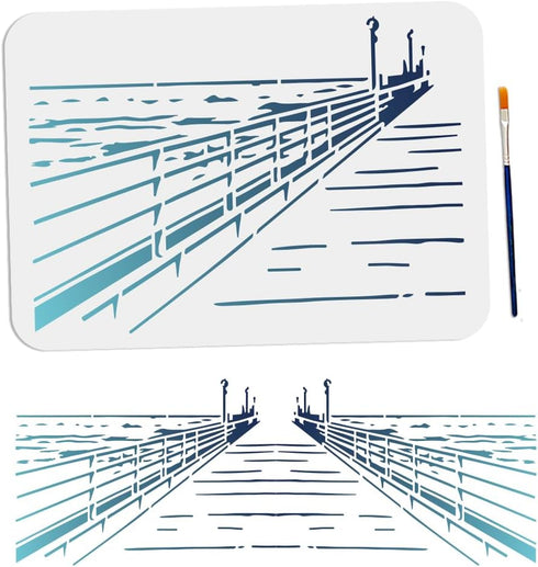 Beach Bridge Scenery Stencil Splicing Patterns 21×7.6inch Large Ocean Bridge Stencils with Paint Brush Summer Sea Landscape 11.7×8.3inch Templates...