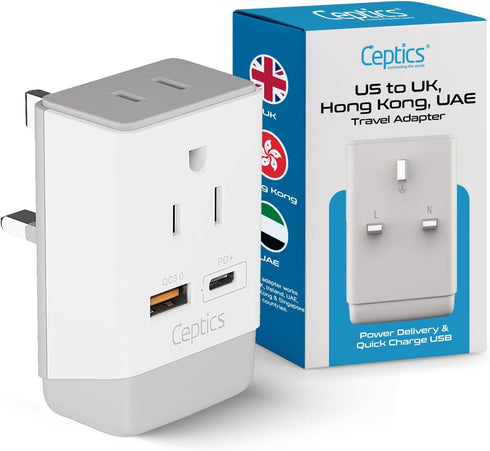 Ceptics UK Ireland Hong Kong Plug Adapter, International Power Plug with USB & USB-C - 2 USA Socket, QC 3.0 & PD - Type G Outlet Adapter for USA t...