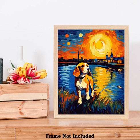 Bestbuddy Pet 11X14 Unframed Starry Night Van Gogh Inspired Beagle Dog by the Lake Farm House Family Animal Pet Family Oil Painting Art Print Post...