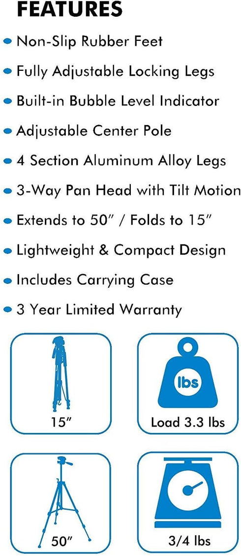 Ultimaxx Lightweight Portable Camera Tripod Stand with Carrying Bag for Sony, Nikon, Canon, Olympus, Pentax, Panasonic, Samsung Cameras and Camcor...