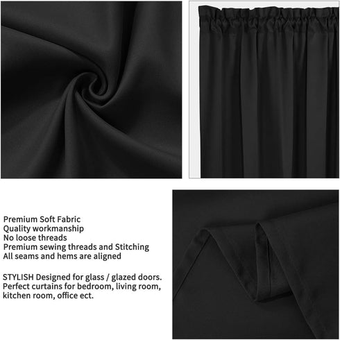 PiccoCasa Blackout French Door Curtain Panel - Blackout Door Curtain Solid Drapery with Tiebacks - 1 Panel Black W25 x L40...