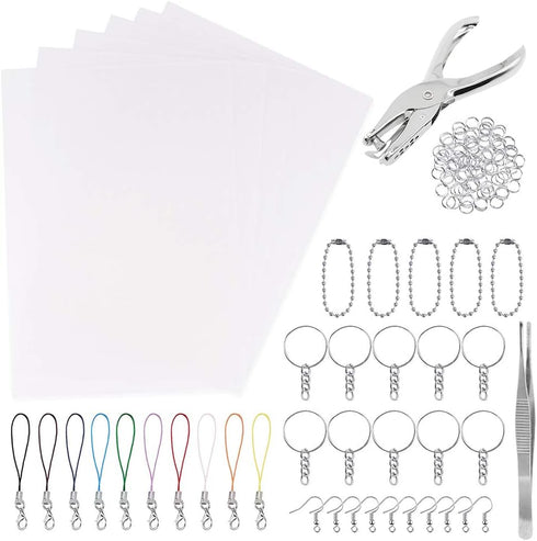 Benvo 157 Pcs Heat Shrink Plastic Sheet Kit Shrinky Art Film Paper 20 Pcs with 135 Pcs Keychains Accessory Ear Hooks Chain Beads Lobster Clasps an...
