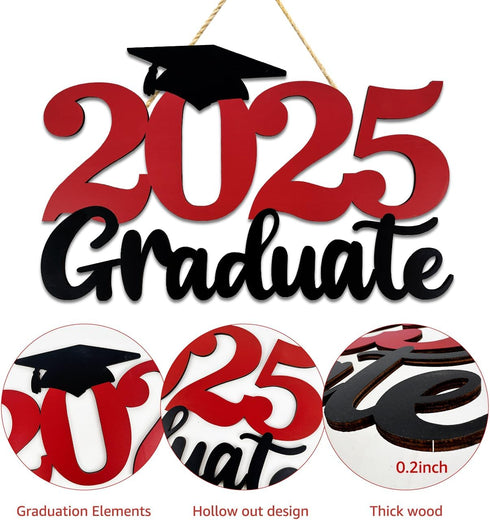 2025 Graduation Party Decorations Wooden Sign Red Class of 2025 Photo Booth Props 2025 Graduation Picture Props for 2025 Graduation Party Supplies...
