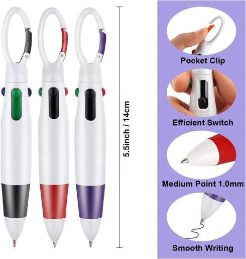 Retractable Shuttle Pens, 4 Count 4-in-1 Multicolor Ballpoint Pens 1.0mm Retractable Pens with Carabiner Clip Ballpoint Gift Pens for Office Schoo...