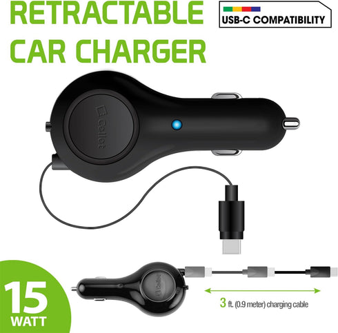 Cellet USB-C (Type-C) Retractable Car Charger, Fast Car Charger Compatible for iPhone 15, Samsung Galaxy Smartphones, LG Motorola Moto Google Pixe...
